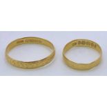 GOLD WEDDING BANDS 22ct (2) - one plain, Size L, one patterned, Size S, 2.8grms and 1.9grms