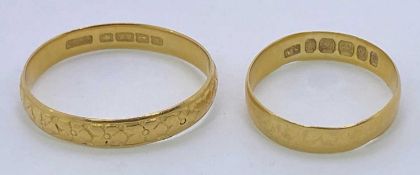 GOLD WEDDING BANDS 22ct (2) - one plain, Size L, one patterned, Size S, 2.8grms and 1.9grms