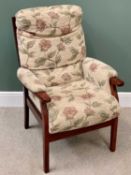 MODERN HIGHBACK EASY CHAIR with floral upholstery, 108cms H, 70cms W, 47cms D