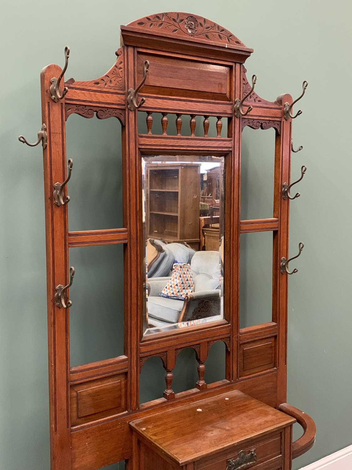 CIRCA 1910 MAHOGANY HALL STAND with central bevelled glass mirror over lower draw and cupboard - Image 4 of 4