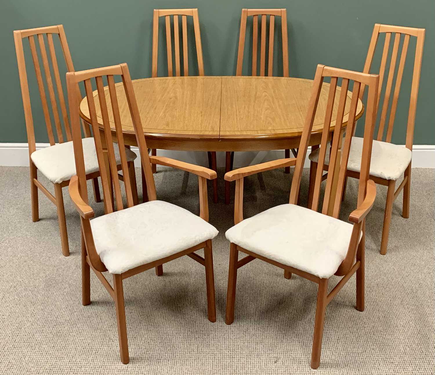 MODERN LIGHT WOOD EXTENDING DINING TABLE, 74cms H, 95cms W, 183cms D and a SET OF SIX SLATTED