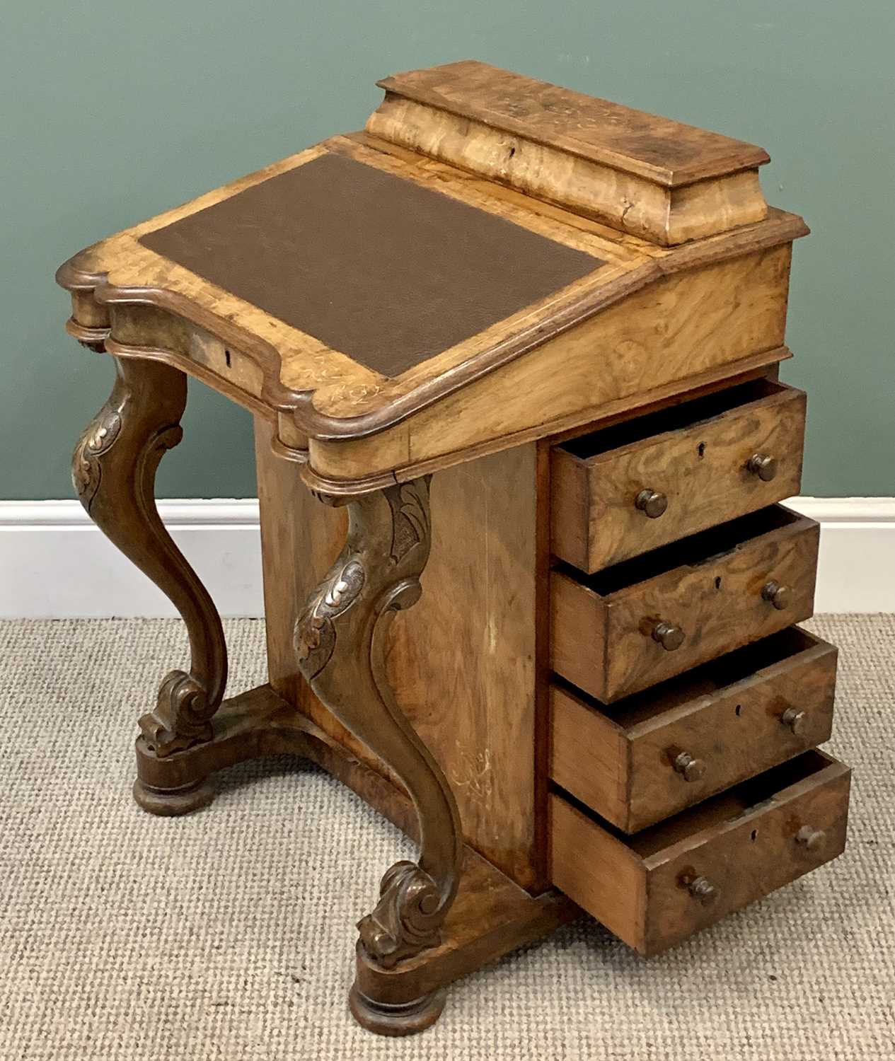 VICTORIAN BURR WALNUT DAVENPORT with raised stationery box top, sloped tooled leatherette surface, - Image 4 of 6