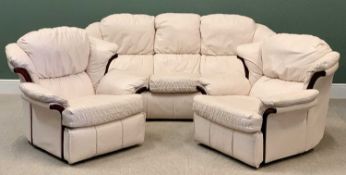 THREE PIECE LOUNGE SUITE - cream leather effect comprising three seater settee, 96cms H, 200cms W,