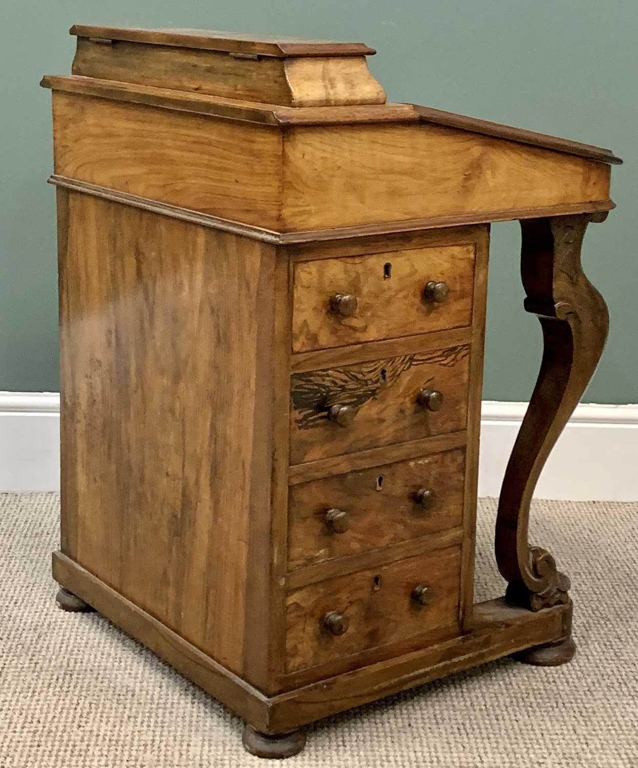 VICTORIAN BURR WALNUT DAVENPORT with raised stationery box top, sloped tooled leatherette surface, - Image 3 of 6