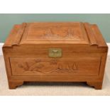 CARVED CHINESE CAMPHORWOOD CHEST, 51cms H, 91cms W, 51cms D
