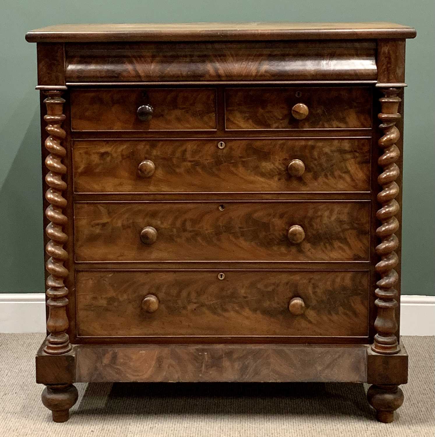 VICTORIAN MAHOGANY CHEST with secret top drawer over two short and three long drawers having