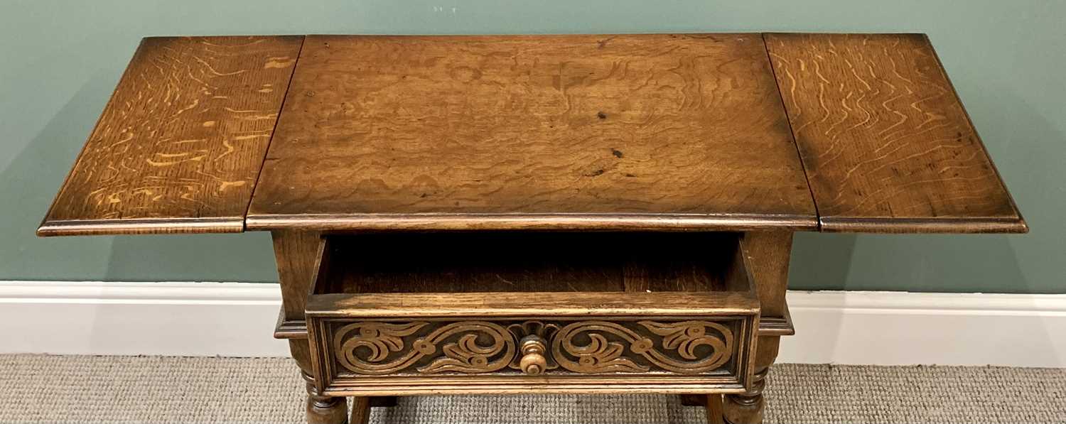 RUSTIC OAK & CARVED SINGLE DRAWER SIDE TABLE with twin flap ends, on turned and block supports, - Image 2 of 3