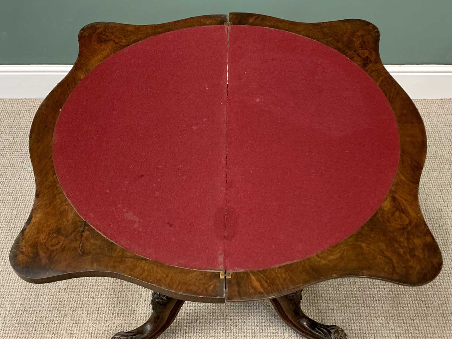 VICTORIAN BURR WALNUT FOLDOVER CARD/GAMES TABLE with baize lining, the shaped top on a pedestal - Image 2 of 5