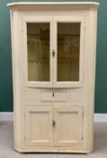 VINTAGE PINE HOUSEKEEPER'S TYPE CORNER CUPBOARD, painted white with upper glazed doors, central