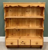 MODERN PINE HANGING WALL RACK having three shelves over three drawers with shaped front canopy,