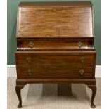 REPRODUCTION MAHOGANY BUREAU, elegantly shaped with three drawers, 101cms H, 73cms W, 43cms D