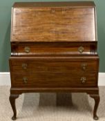 REPRODUCTION MAHOGANY BUREAU, elegantly shaped with three drawers, 101cms H, 73cms W, 43cms D