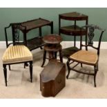 ANTIQUE FURNITURE ASSORTMENT to include mahogany knife box, two salon chairs, tea trolley, rise