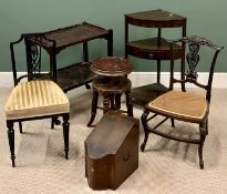 ANTIQUE FURNITURE ASSORTMENT to include mahogany knife box, two salon chairs, tea trolley, rise