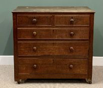 ANTIQUE OAK CHEST of two short over three long drawers with turned wooden knobs, on castors,