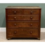 ANTIQUE OAK CHEST of two short over three long drawers with turned wooden knobs, on castors,