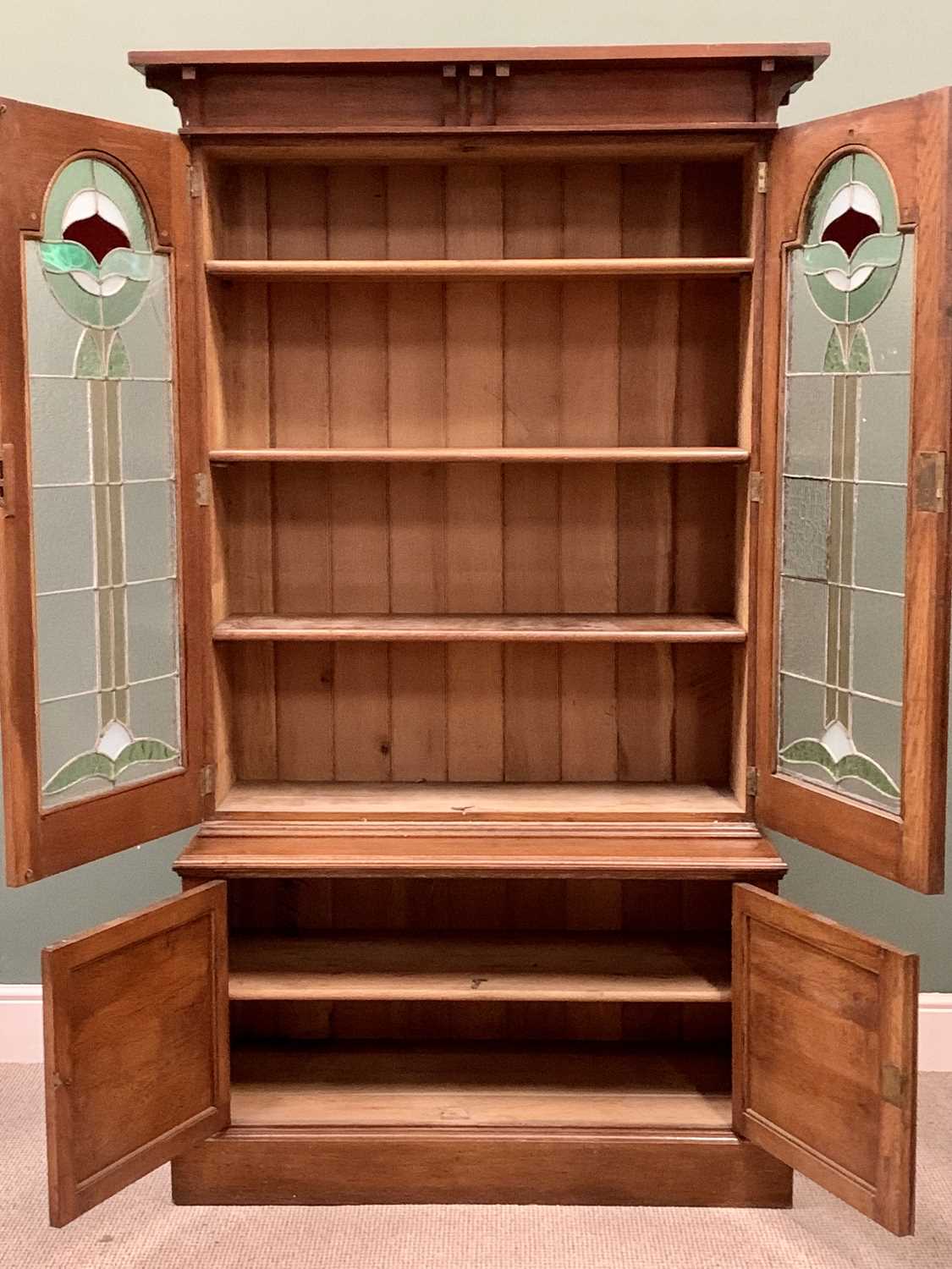 ARTS & CRAFTS STYLE OAK BOOKCASE CUPBOARD, the upper section with twin leaded and colour stained - Image 4 of 5