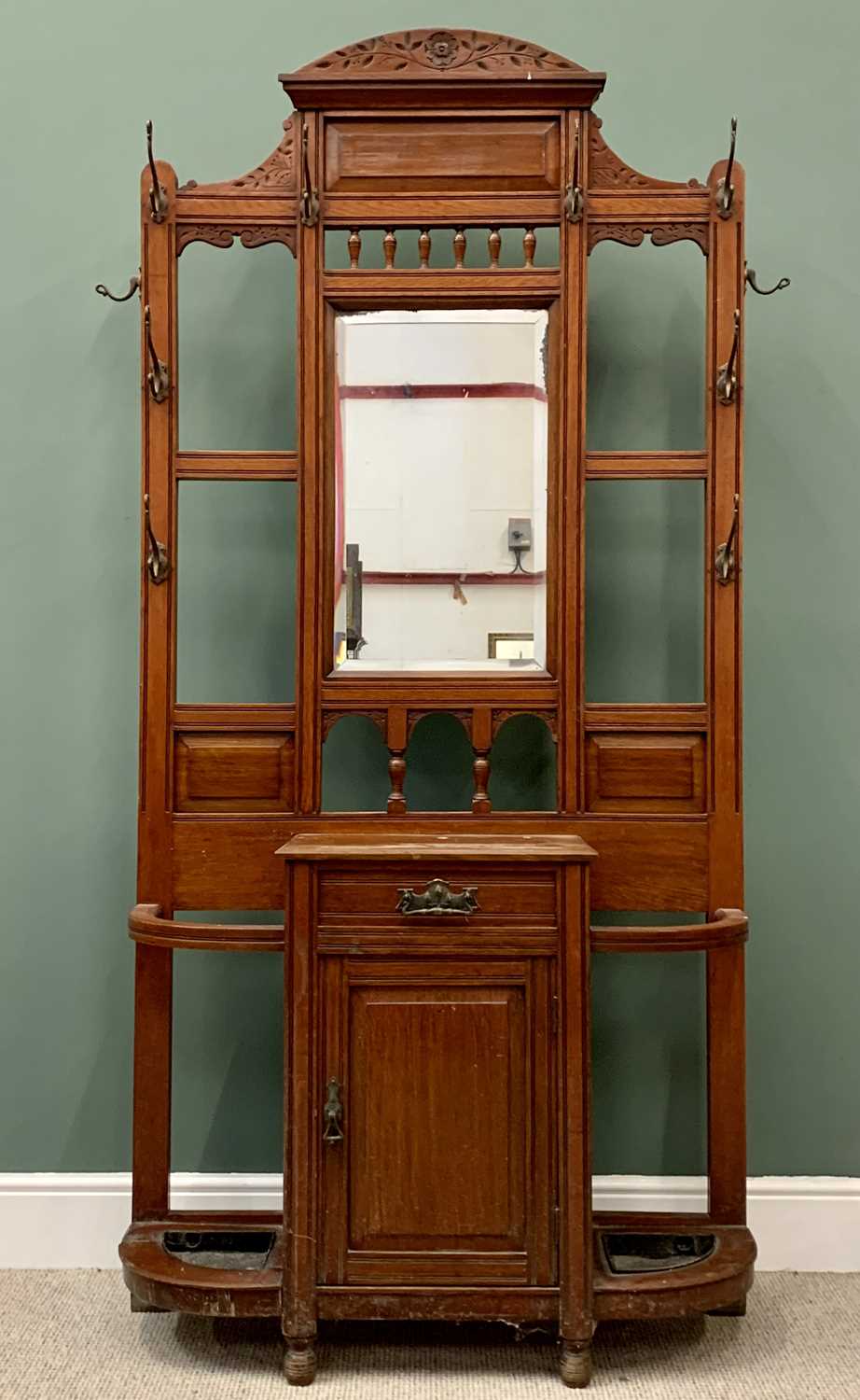 CIRCA 1910 MAHOGANY HALL STAND with central bevelled glass mirror over lower draw and cupboard