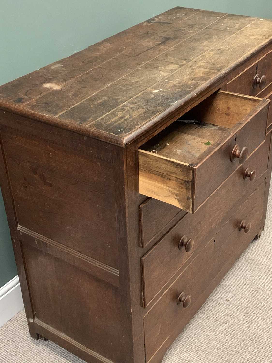 ANTIQUE OAK CHEST of two short over three long drawers with turned wooden knobs, on castors, - Image 3 of 3