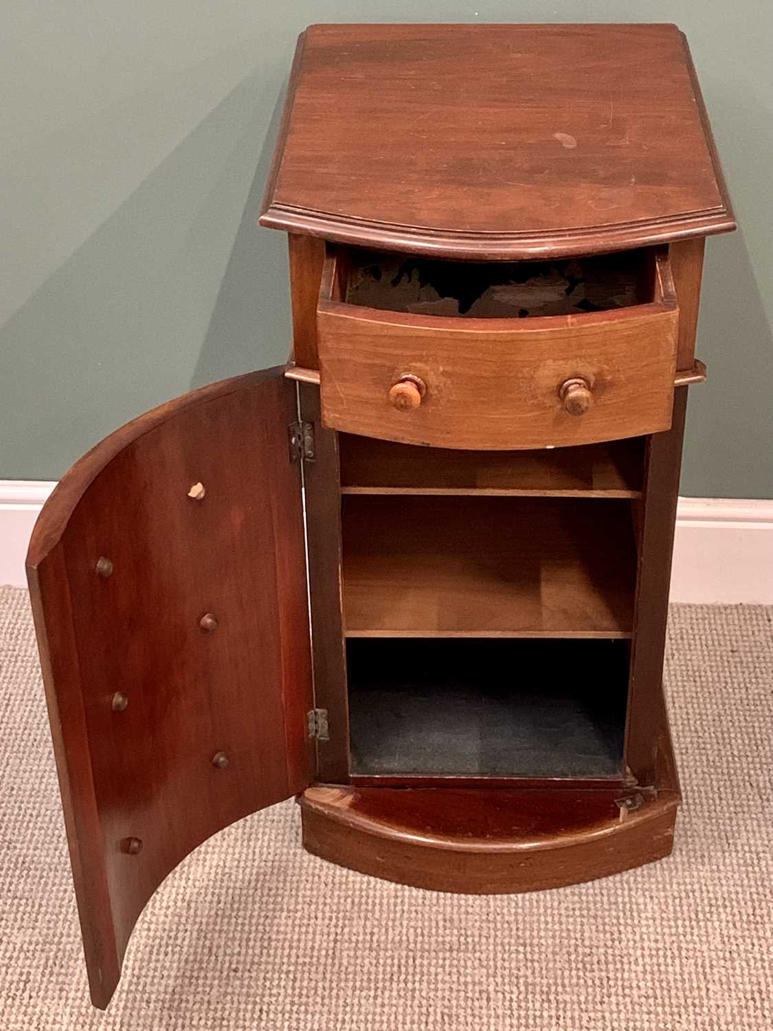 VICTORIAN MAHOGANY BOW FRONTED NARROW CUPBOARD, single top drawer and lower door having turned - Image 2 of 3