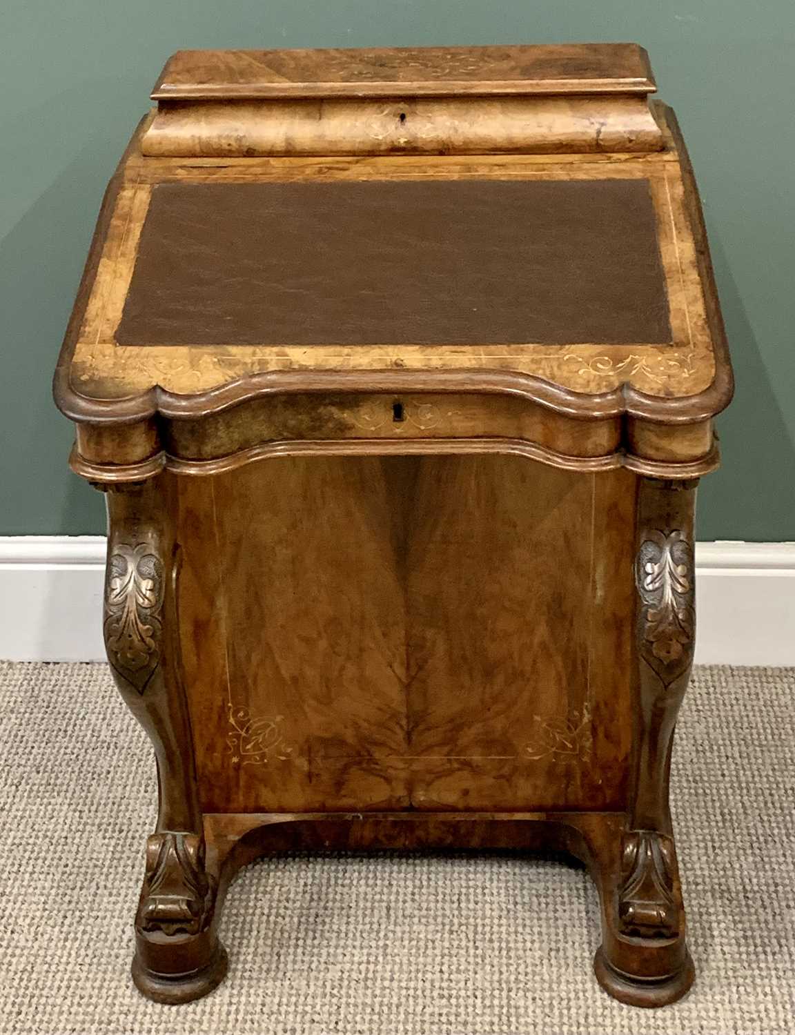 VICTORIAN BURR WALNUT DAVENPORT with raised stationery box top, sloped tooled leatherette surface, - Image 2 of 6