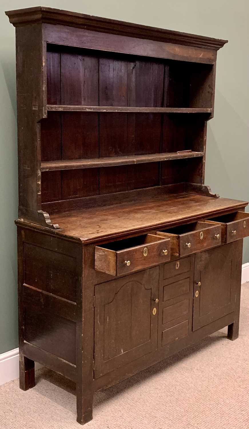 EARLY 19th CENTURY OAK WELSH DRESSER, the three shelf rack with wide backboards over a base of three - Image 2 of 5