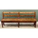 VICTORIAN PINE OPEN BENCH having a slatted back, on turned supports, 83cms H, 184cms W, 36cms D
