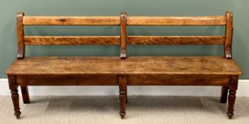 VICTORIAN PINE OPEN BENCH having a slatted back, on turned supports, 83cms H, 184cms W, 36cms D