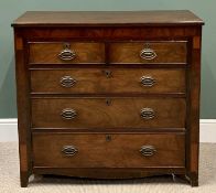 REGENCY MAHOGANY CHEST of two short over three long drawers with brass oval backplates and swing