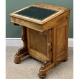 ANTIQUE WALNUT DAVENPORT with tooled leatherette top and fitted interior, carved front detail and