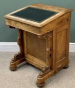 ANTIQUE WALNUT DAVENPORT with tooled leatherette top and fitted interior, carved front detail and