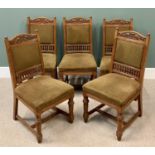 EDWARDIAN OAK DINING CHAIRS (5) with carved and spindle detail to the back, on turned and block