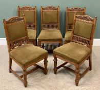 EDWARDIAN OAK DINING CHAIRS (5) with carved and spindle detail to the back, on turned and block