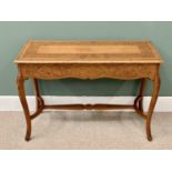 PINE CONSOLE TABLE with pokerwork detail, on cabriole supports and shaped conjoining stretcher,