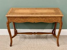 PINE CONSOLE TABLE with pokerwork detail, on cabriole supports and shaped conjoining stretcher,