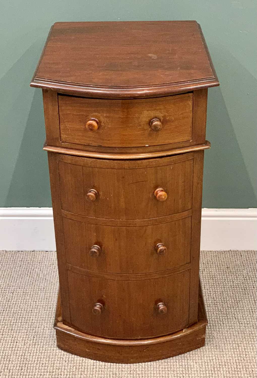 VICTORIAN MAHOGANY BOW FRONTED NARROW CUPBOARD, single top drawer and lower door having turned