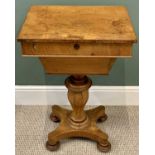 VICTORIAN SATIN WALNUT SEWING/WORK TABLE, lidded rectangular top with fitted interior, turned and