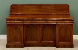 GOOD VICTORIAN MAHOGANY SIDEBOARD with deep back rail, inverted breakfront base with three frieze