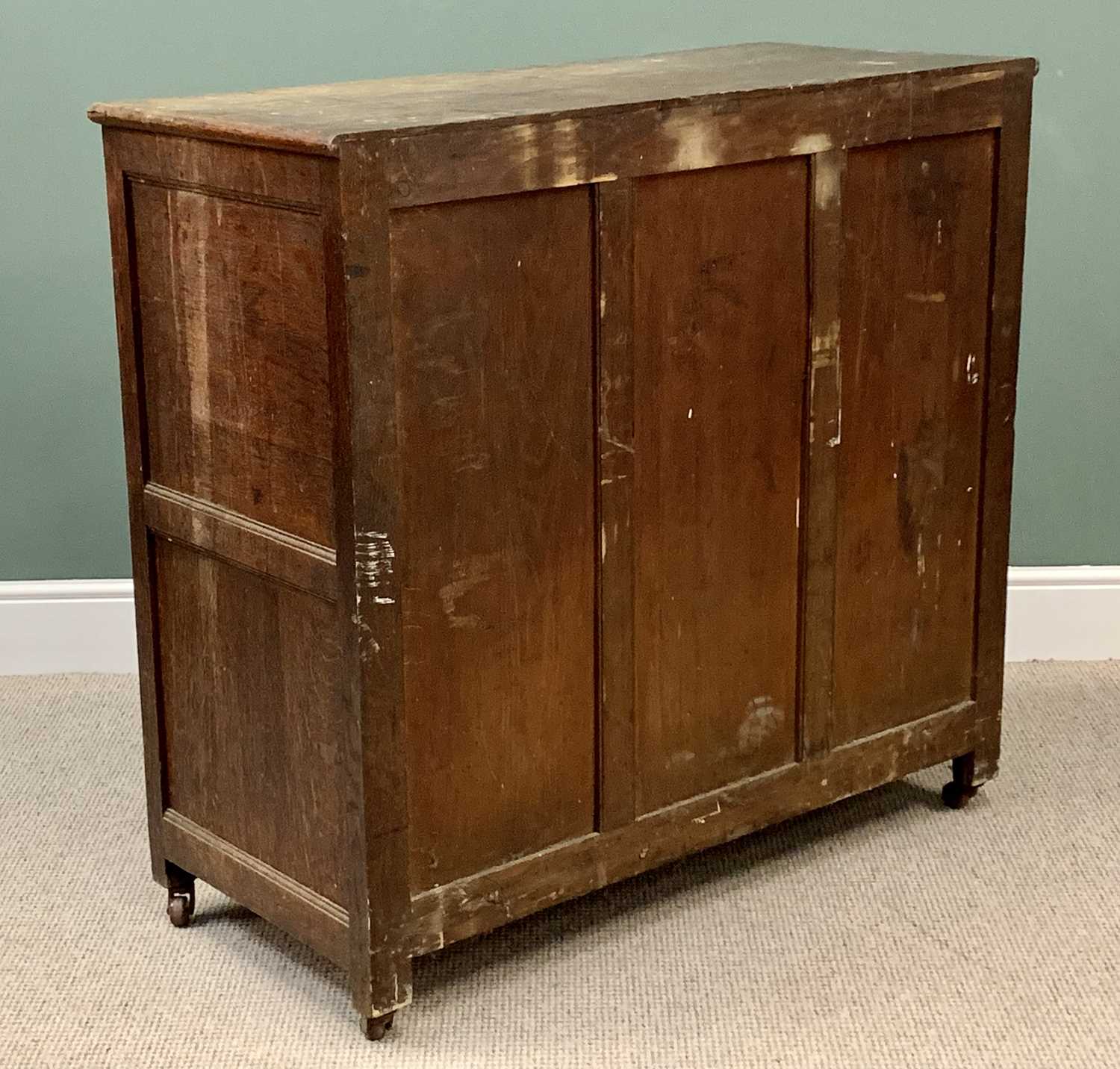 ANTIQUE OAK CHEST of two short over three long drawers with turned wooden knobs, on castors, - Image 2 of 3