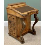 VICTORIAN BURR WALNUT DAVENPORT with raised stationery box top, sloped tooled leatherette surface,