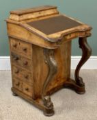 VICTORIAN BURR WALNUT DAVENPORT with raised stationery box top, sloped tooled leatherette surface,