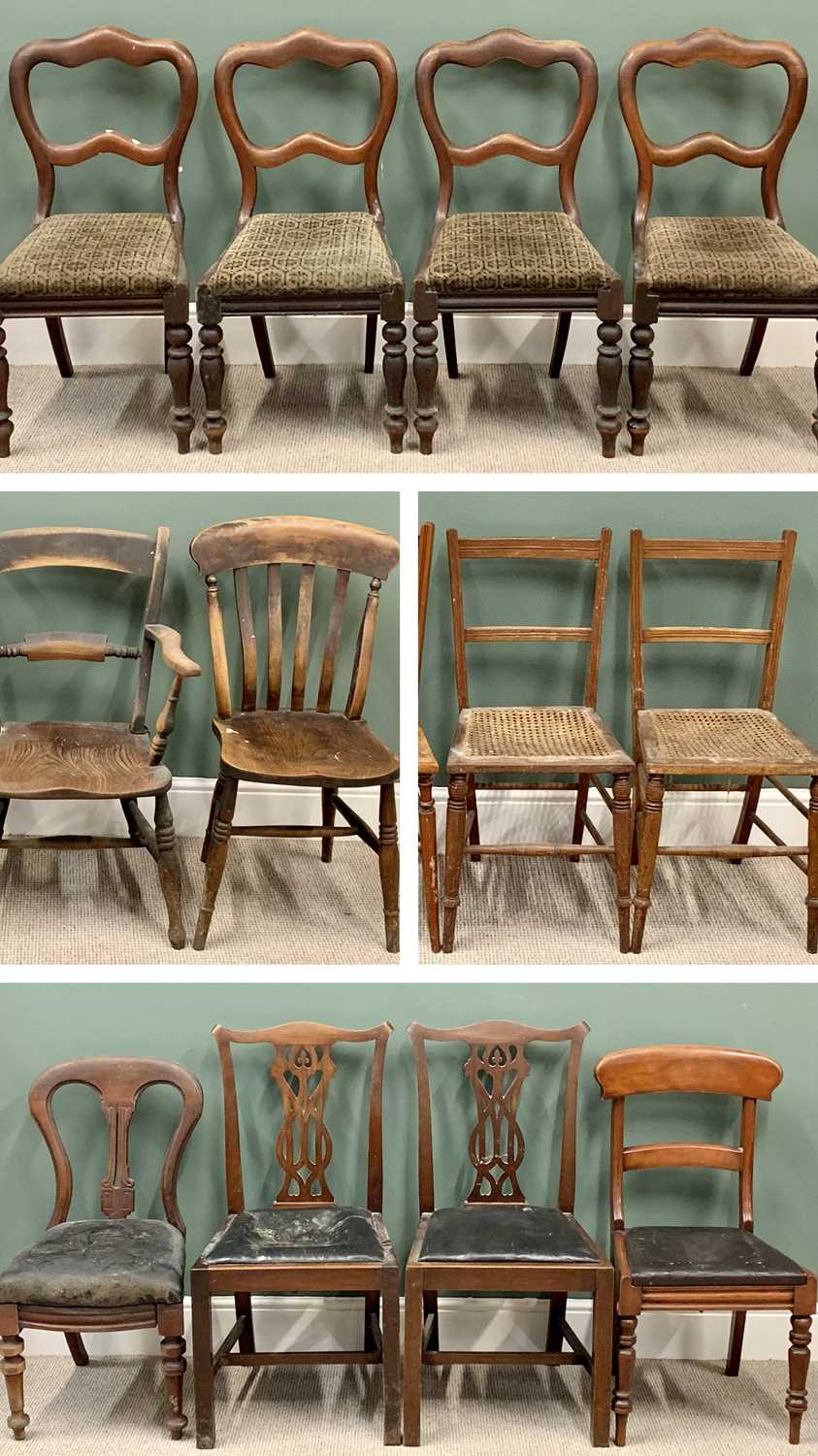 VINTAGE CHAIR ASSORTMENT (15) to include elm farmhouse chairs, cane seated chairs, antique balloon