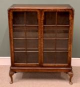 QUEEN ANN STYLE BURR WALNUT BOOKCASE CUPBOARD with twin glazed doors, on cabriole supports, 119cms