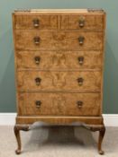 QUEEN ANN STYLE BURR WALNUT CHEST of two short over four long drawers on cabriole supports, 144cms