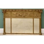 REGENCY STYLE GILT TRIPLE OVERMANTEL MIRROR inverted breakfront ball mounted top with Corinthian cap