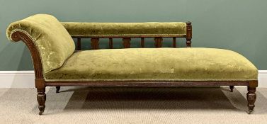 EDWARDIAN CHAISE LONGUE on turned supports and castors having green coloured upholstery, good