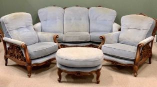 CONTINENTAL HARDWOOD THREE PIECE SUITE & FOOTSTOOL- ANTIQUE STYLE comprising three seater settee,