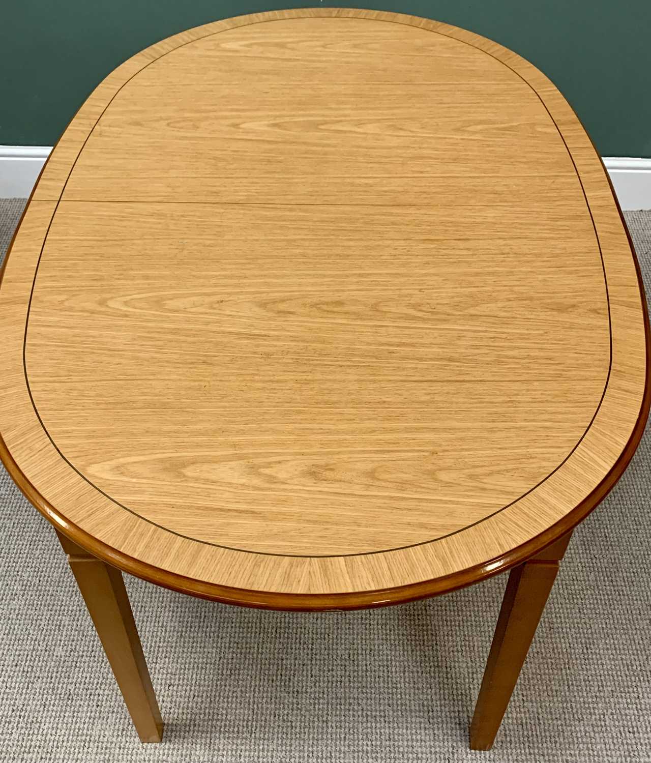 MODERN LIGHT WOOD EXTENDING DINING TABLE, 74cms H, 95cms W, 183cms D and a SET OF SIX SLATTED - Image 2 of 6