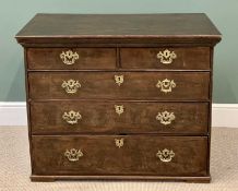 GEORGIAN OAK CHEST of two short over three long drawers with pierced brass backplates, escutcheons