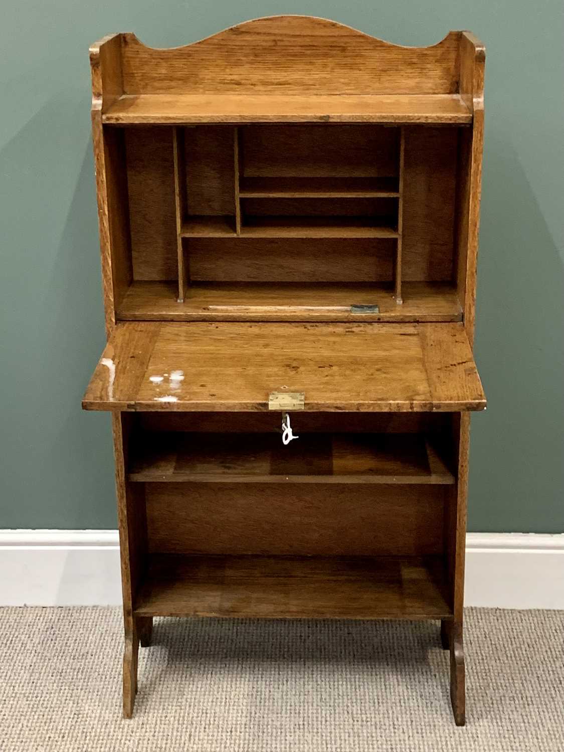 COMPACT ARTS & CRAFTS STYLE OAK BUREAU BOOKCASE with two lower shelves and fall front, 120cms H, - Image 3 of 3